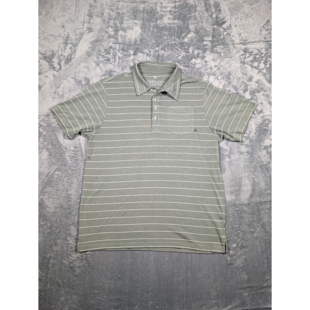 Free Fly Polo Shirt Mens Medium Green Striped Performance Bamboo Golf Outdoor